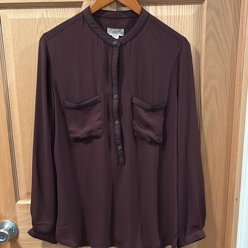 LOFT Maroon/Black Button Down Blouse Size Lg